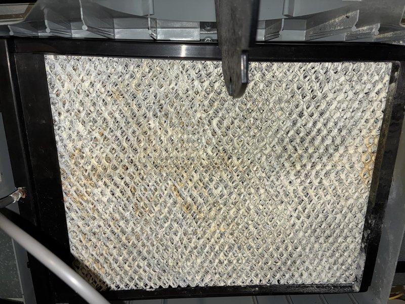 Completed annual maintenance visit on one-year-old air conditioning system for MVP customer. Inspected and documented system components including air filter showing moderate dust and debris accumulation with visible discoloration, and condensate drain line with sediment buildup in PVC piping. All findings photographed and system confirmed operational.