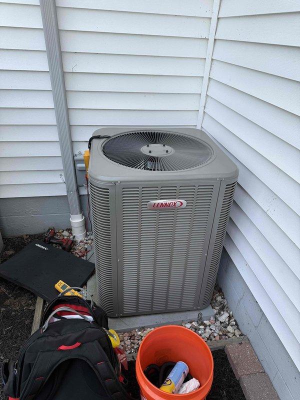 Completed MVP cooling maintenance visit on 7-year-old Lennox air conditioning system. Performed comprehensive inspection of outdoor condenser unit, verified proper operation of fan assembly, and assessed overall system condition. Unit showed normal condensation on louvers indicating active cooling cycle. Cleaned and serviced equipment as part of recurring preventative maintenance program to ensure optimal performance and efficiency throughout the cooling season.