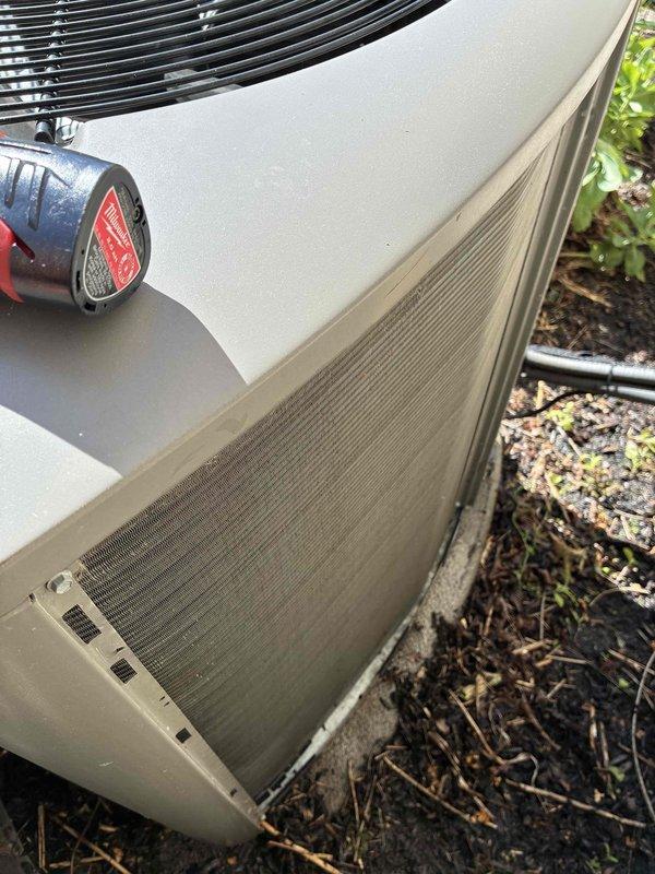 Completed MVP cooling visit on residential outdoor condensing unit. Performed visual inspection of exterior cabinet, verified proper clearance around unit, and checked condenser coil fins for debris accumulation. Accessed electrical compartment to inspect capacitor, contactor, and associated wiring connections. All electrical components showed proper terminations with no signs of overheating or damage. Unit operating within normal parameters at time of service.