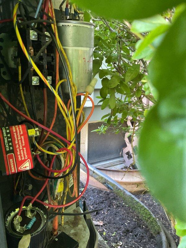 Completed preventive maintenance visit on 15-year-old Carrier cooling system. Inspected indoor furnace unit and outdoor condensing unit. Noted significant vegetation growth around outdoor unit requiring clearance for proper airflow and system efficiency. Electrical components including capacitor and wiring connections were assessed. Observed moisture accumulation and biological growth in condensate pan area indicating drainage attention needed. System operational at time of service.