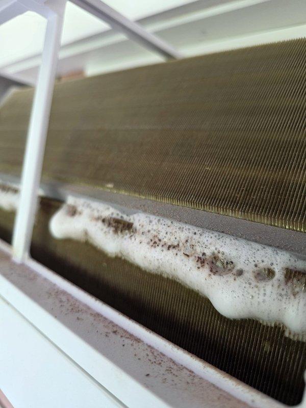 Performed repair and maintenance service on a 2-year-old Bryant mini split system. Removed and cleaned heavily soiled air filter grill showing significant dust, debris, and lint accumulation. Accessed and inspected evaporator coil assembly, which exhibited substantial buildup of dirt, dust, and foamy residue along the lower fin sections. Cleaned coil surfaces to restore proper airflow and heat transfer efficiency, removing accumulated particulates that were restricting system performance.