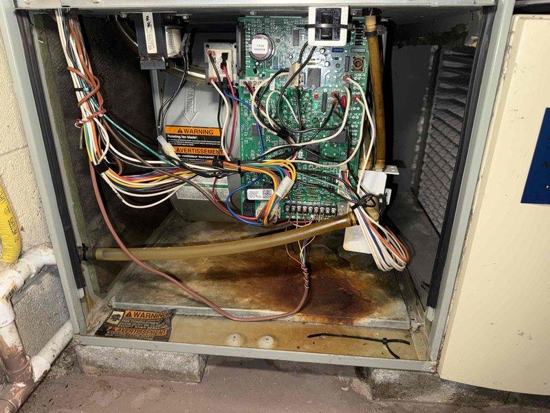 Completed MVP recurring cooling maintenance visit on air handler system. Performed thorough inspection of unit interior, including control board, electrical connections, and wire harnesses which were found to be properly secured and functioning. Documented existing water staining and corrosion on base panel indicating previous moisture exposure. Inspected evaporator coil and noted moderate dust and debris accumulation on fins requiring attention. All electrical components, including multi-colored wiring connections to green control board, were verified secure with proper terminations. System operational at time of service completion.