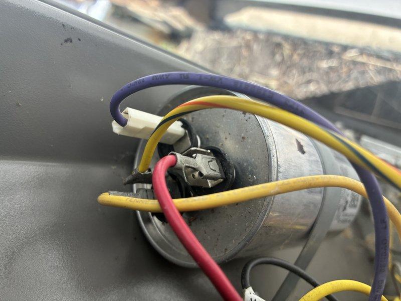 Replaced failed capacitor on outdoor condensing unit and performed evaporator coil cleaning service. Tested system operation with digital multimeter to verify proper electrical readings and confirmed all connections were secure. Unit returned to normal cooling operation with improved airflow efficiency following evaporator wash.
