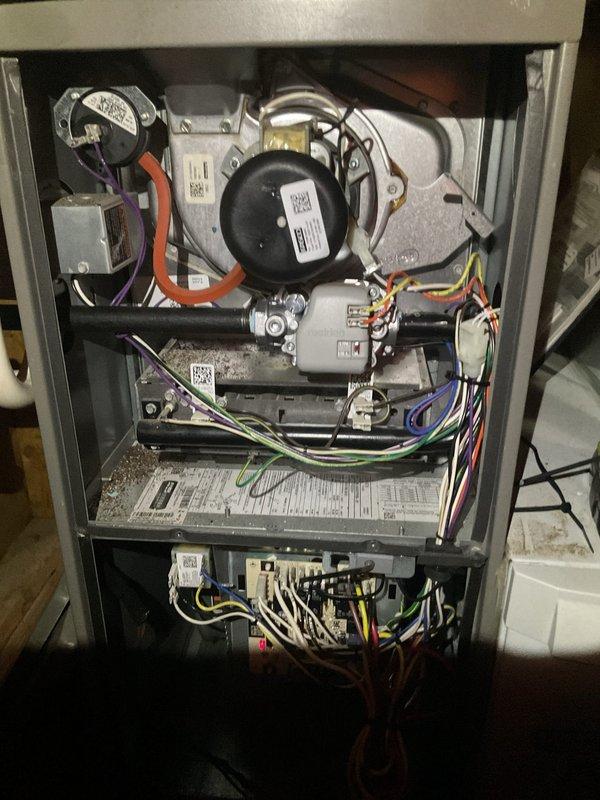 Replaced defective blower motor and blower wheel assembly in residential furnace unit. Ordered and received necessary replacement parts, then completed installation during a two-hour service call. Unit was tested and verified operational with proper heating and cooling function restored.