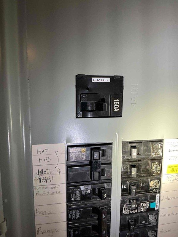 Performed electrical panel inspection and provided quote for removal of abandoned hot tub circuit wiring. Documented existing panel configuration showing main 150A breaker with organized branch circuits, multiple breaker panels, and identified disconnected wiring that previously served hot tub requiring removal from system.