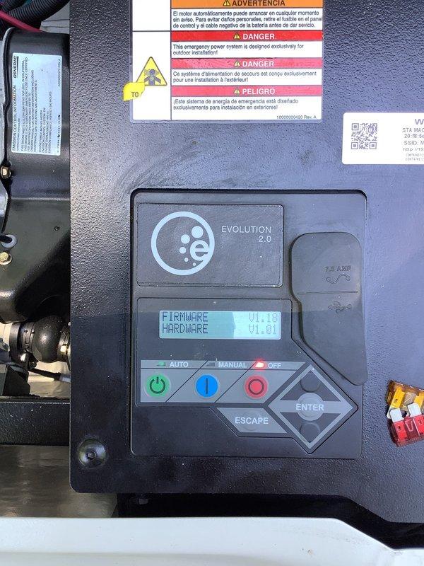 Responded to service call for Generac Evolution 2.0 natural gas generator experiencing transfer switch failure following utility company smart meter installation. Generator unit was running properly but automatic transfer switch was not energizing circuits during utility power loss. Inspected control panel displaying firmware V1.18 and hardware V1.01, verified generator operation in manual mode, and diagnosed communication issue between new smart meter and automatic transfer switch. Adjusted transfer switch sensitivity settings and recalibrated voltage sensing parameters to accommodate smart meter's power delivery characteristics. Cycled generator through multiple automatic transfer sequences to confirm proper load pickup and verified all circuits transferred correctly during simulated power outage.
