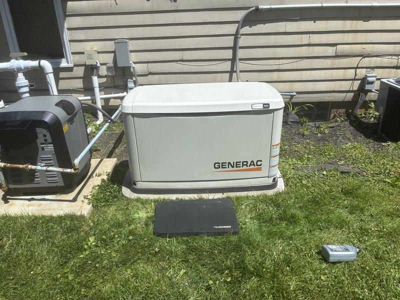 Performed annual preventive maintenance on residential Generac standby generator system. Conducted comprehensive inspection of unit including visual examination of all external components, electrical connections, and mounting hardware. Verified proper operation of control panel indicators with range and green system lights functioning as expected. Inspected generator enclosure, cooling system components, and all associated conduit and wiring connections running from the residence to the unit. Checked fuel supply lines, transfer switch operation, and confirmed unit is properly grounded and secured to concrete pad. All systems tested and found operating within normal parameters.