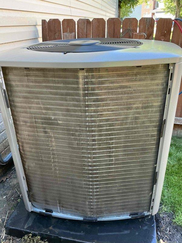 Completed MVP AC maintenance on outdoor condensing unit. Performed comprehensive system inspection, cleaned condenser coils and fins to remove dirt buildup and debris accumulation, checked refrigerant lines and electrical connections, and verified proper unit operation. Unit returned to optimal performance with improved airflow efficiency.