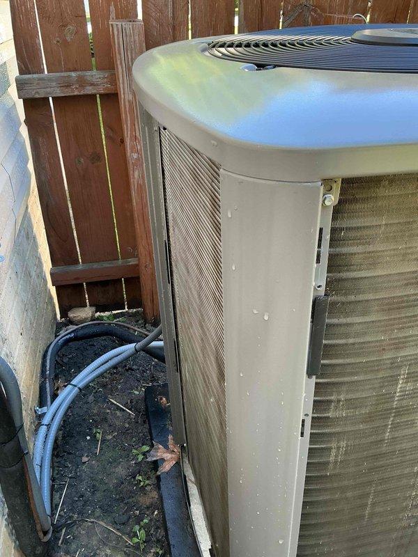 Completed MVP AC maintenance on outdoor condensing unit. Performed comprehensive system inspection, cleaned condenser coils and fins to remove dirt buildup and debris accumulation, checked refrigerant lines and electrical connections, and verified proper unit operation. Unit returned to optimal performance with improved airflow efficiency.