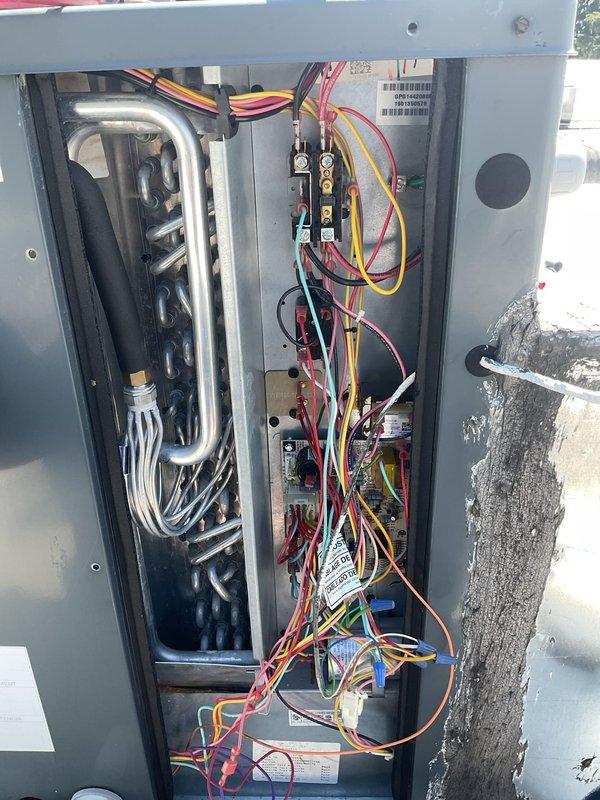 Responded to service call for rooftop unit with fan that would not shut off. Upon inspection, accessed internal components and identified issue with fan control circuit. Troubleshot electrical connections at terminal blocks and verified proper wiring configuration. Inspected refrigerant lines, heat exchanger coil, and associated electrical components for any secondary issues. Corrected fan control malfunction, tested unit operation to confirm fan now cycles properly with thermostat demand, and restored unit to normal operation.