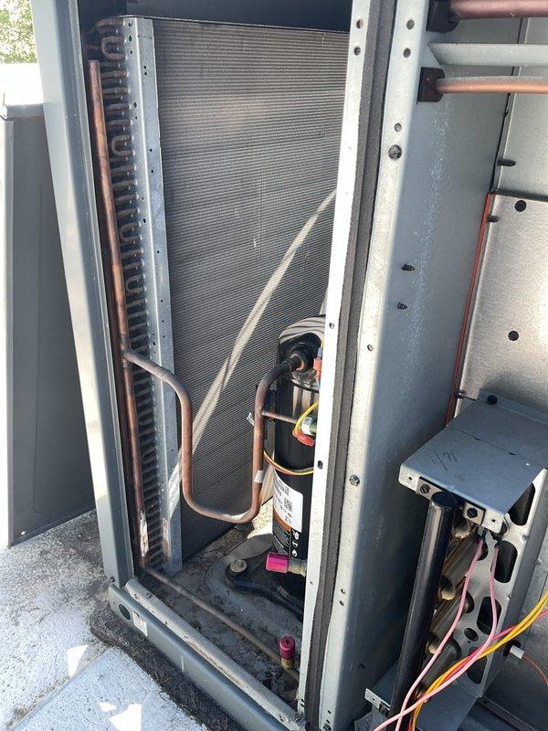 Responded to service call for rooftop unit with fan that would not shut off. Upon inspection, accessed internal components and identified issue with fan control circuit. Troubleshot electrical connections at terminal blocks and verified proper wiring configuration. Inspected refrigerant lines, heat exchanger coil, and associated electrical components for any secondary issues. Corrected fan control malfunction, tested unit operation to confirm fan now cycles properly with thermostat demand, and restored unit to normal operation.