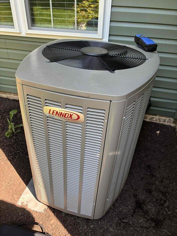 Completed annual air conditioning maintenance on 3-year-old Lennox condensing unit under MVP plan. Performed comprehensive system inspection including electrical connections, capacitor testing, and visual assessment of all components. Unit operating within normal parameters with no deficiencies noted.