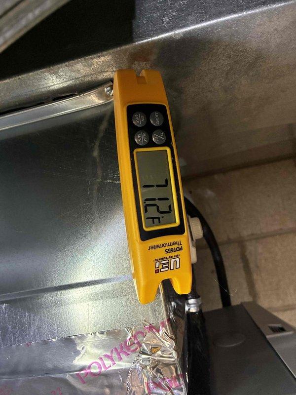 Completed MVP recurring cooling maintenance visit. Performed system diagnostics and temperature measurements on air handling unit and ductwork. Supply air temperature measured at 49.2°F and temperature differential recorded at -7.7°F, indicating proper cooling operation and adequate system performance. Equipment operating within normal parameters.