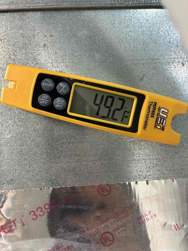 Completed MVP recurring cooling maintenance visit. Performed system diagnostics and temperature measurements on air handling unit and ductwork. Supply air temperature measured at 49.2°F and temperature differential recorded at -7.7°F, indicating proper cooling operation and adequate system performance. Equipment operating within normal parameters.