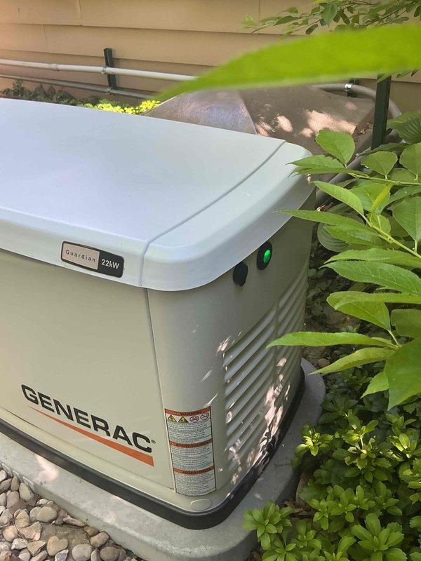 Performed routine preventive maintenance on Generac Guardian 22kW residential standby generator. Unit was operating properly upon arrival with no reported issues. Conducted comprehensive system inspection including visual examination of exterior housing, mounting, and surrounding installation area. Performed battery load test using diagnostic equipment, confirming battery condition reading "GOOD" with proper voltage and CCA values within manufacturer specifications. Verified all indicator lights functioning correctly, checked ventilation louvers for obstructions, and inspected electrical connections and conduit routing. Generator remains in good operational condition with all systems testing within normal parameters.