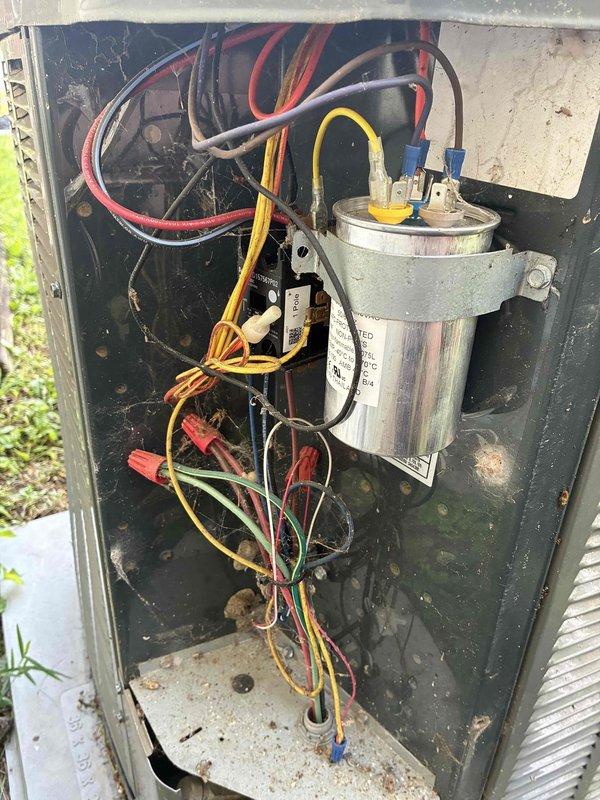 Performed routine maintenance visit on 12-year-old Trane condensing unit. Inspected electrical components including capacitor, wiring connections, and control circuitry within cabinet. All wire connections secure with proper terminations noted. Capacitor showing normal operation with blue wire connectors properly attached to terminals. Unit operational and running as designed.