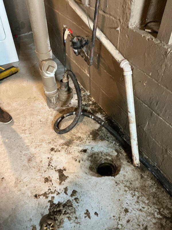 Responded to emergency call for basement main drain backup with complete drainage failure. Upon arrival, performed comprehensive diagnostic assessment of basement drainage system and main line. Inspection revealed severe blockage in main drain line causing complete backup into basement floor drain. 

Utilized professional drain camera equipment to locate obstruction and assess line condition. Identified blockage approximately 40 feet into main line. Deployed heavy-duty drain snake with appropriate cutting head to clear obstruction. Successfully removed accumulated debris, grease buildup, and foreign material causing the blockage.

Flushed system with high-pressure water to ensure complete clearance and verify proper flow restoration. Tested all basement drains and fixtures to confirm drainage was restored to normal operation. Documented pre-existing conditions including significant water damage, mold growth on basement walls and floor, and deteriorated concrete surfaces near drain area