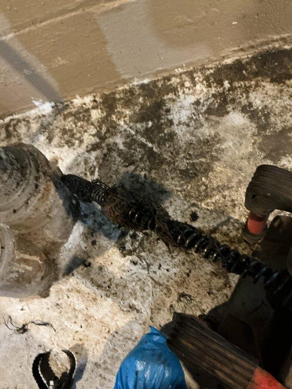 Responded to emergency call for basement main drain backup with complete drainage failure. Upon arrival, performed comprehensive diagnostic assessment of basement drainage system and main line. Inspection revealed severe blockage in main drain line causing complete backup into basement floor drain. 

Utilized professional drain camera equipment to locate obstruction and assess line condition. Identified blockage approximately 40 feet into main line. Deployed heavy-duty drain snake with appropriate cutting head to clear obstruction. Successfully removed accumulated debris, grease buildup, and foreign material causing the blockage.

Flushed system with high-pressure water to ensure complete clearance and verify proper flow restoration. Tested all basement drains and fixtures to confirm drainage was restored to normal operation. Documented pre-existing conditions including significant water damage, mold growth on basement walls and floor, and deteriorated concrete surfaces near drain area