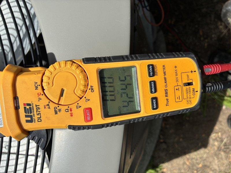 Performed routine maintenance visit on a 6-year-old air conditioning system. Conducted electrical diagnostics using digital multimeter to verify system voltage, amperage, and overall electrical performance. All measurements confirmed unit operating within manufacturer specifications.