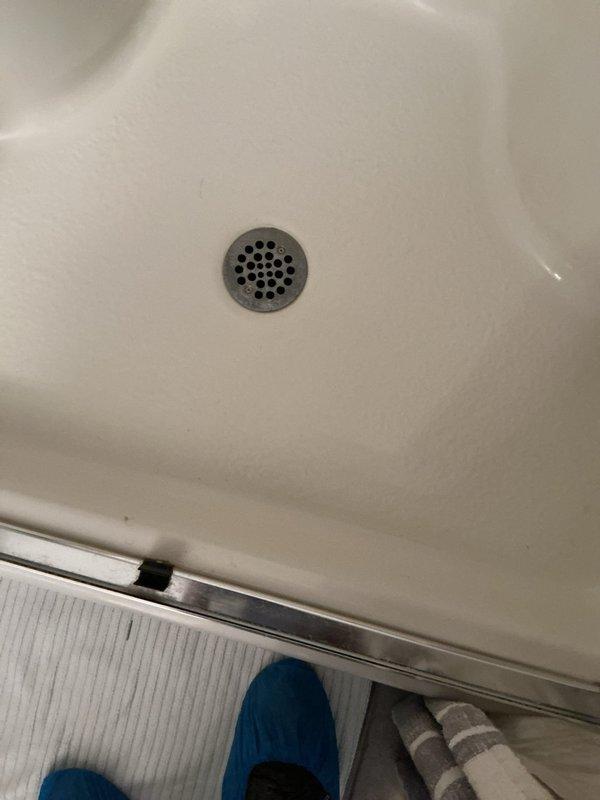 Responded to service call for two leaking shower fixtures and sewer odor emanating from bathroom shower drain. Inspected chrome-plated shower control valve and tub spout assembly, examined drain cover and trap system, and documented existing conditions. Identified potential issues with fixture seals and drain trap requiring further diagnostic work to resolve leaks and eliminate sewer gas infiltration.
