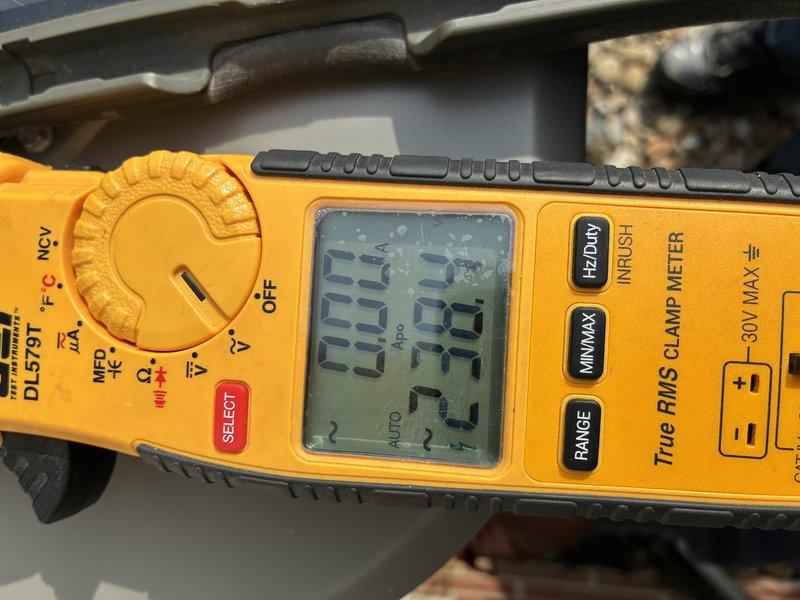 Completed MVP cooling maintenance visit on residential HVAC system. Performed comprehensive electrical diagnostics using digital clamp meter, measuring amperage draw and voltage readings on the condensing unit to verify proper compressor and fan motor operation. All electrical parameters tested within manufacturer specifications, confirming system is operating efficiently and safely for continued cooling performance.