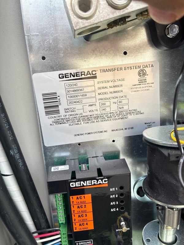 # Electrical Maintenance - Generator

Performed comprehensive preventive maintenance on a 14kW Generac residential backup power system with automatic transfer switch rated at 200 amps, 240 volts. Conducted thorough inspection of the transfer switch panel, control module, and all associated electrical connections, verifying proper operation of all indicator lights and system components. Documented the installation condition through detailed photography, confirming all grounding connections, wire management, and safety systems are secure and functioning within manufacturer specifications.