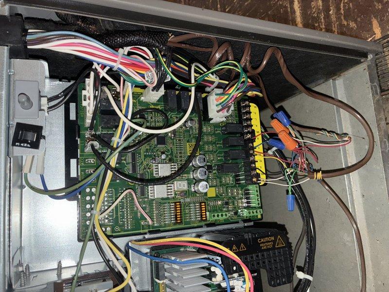 Performed routine MVP cooling maintenance visit on 3-year-old air conditioning system. Upon inspection, discovered extensive frost and ice buildup on evaporator coil assembly, copper refrigerant lines, and heat exchanger fins, indicating abnormal operating condition. Documented frozen coil condition and electrical control panel components with photos. Frost accumulation on copper tubing and finned heat exchanger suggests potential airflow restriction, refrigerant charge issue, or system cycling problem requiring further diagnosis and corrective action.