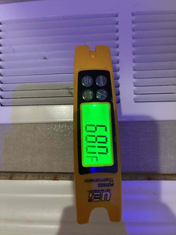 Completed preventive maintenance on residential Broan air conditioning system. Performed standard cooling season inspection including verification of system operation and temperature differential across the unit. Measured supply air temperature at 69°F using calibrated digital thermometer to confirm proper cooling output. Inspected outdoor condenser unit, noting satisfactory condition of fan assembly, louvered panels, and overall equipment housing. Unit operating within normal parameters with no issues identified requiring immediate attention.