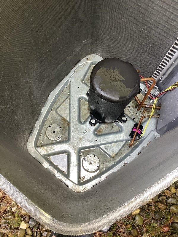 Completed MVP cooling maintenance visit on outdoor condensing unit. Performed standard seasonal inspection of compressor, refrigerant lines, electrical connections, and condenser coil assembly. Unit showed normal weathering consistent with outdoor exposure. Observed debris accumulation around base and interior components; cleaned accessible areas to ensure proper airflow and system efficiency. Verified compressor operation, checked refrigerant line connections, and inspected electrical wiring including power and control circuits. System operational and functioning within normal parameters upon completion of maintenance service.
