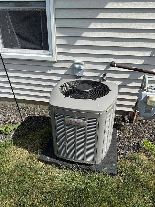 Responded to no cooling call on five-and-a-half-year-old Lennox air conditioning system. Diagnosed faulty thermostat as cause of complete system failure. Replaced defective thermostat with standard non-programmable model per customer preference. Verified proper system operation, confirmed cooling cycle engaged correctly, and ensured all electrical connections were secure at both thermostat and equipment.