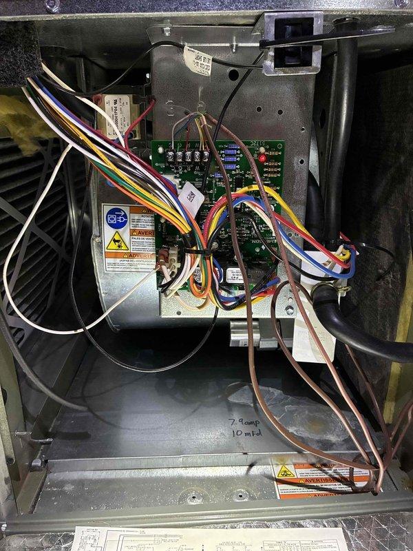 Completed MVP cooling maintenance visit on 7-year-old Trane system. Performed comprehensive inspection of air handler and control components, including examination of circuit boards, electrical connections, and blower assembly. All wiring connections verified secure, control boards functioning properly, and blower motor operating within normal parameters. System tested and confirmed operational for continued cooling season performance.