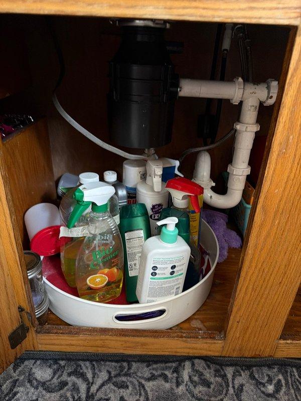 Conducted on-site assessment of kitchen sink and plumbing system to provide estimate for sink removal and reinstallation services. Inspected double-basin stainless steel sink with matte black pull-down faucet, documented existing plumbing configuration including white PVC P-trap assembly, black garbage disposal unit with connection hoses, and under-cabinet storage arrangement. Photographed current installation to provide accurate scope of work for future service scheduling.