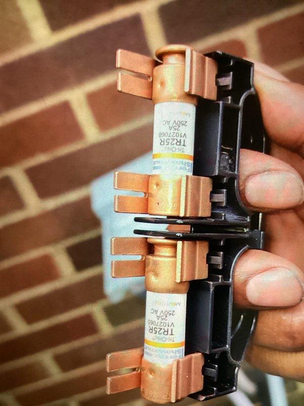 Completed MVP cooling maintenance visit on Lennox HVAC unit. Inspected system following customer concerns about potential wind damage, verified fan assembly and protective grille were intact and properly secured with no visible damage. Checked electrical components including cartridge fuses, confirmed all three fuses were properly seated in mounting bracket with correct amperage ratings and showed no signs of failure or damage.