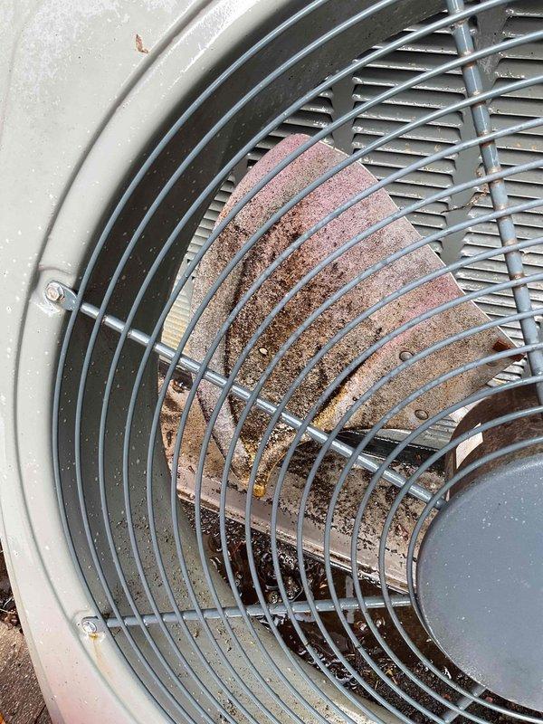 Completed MVP recurring cooling maintenance visit on outdoor HVAC system consisting of air conditioning condenser unit and heat pump compressor. Performed standard inspection and documentation of equipment condition, noting significant rust and corrosion present on condenser fan blades requiring future attention. System operational at time of service, with all electrical connections, refrigerant lines, and mechanical components inspected and photographed for maintenance records.