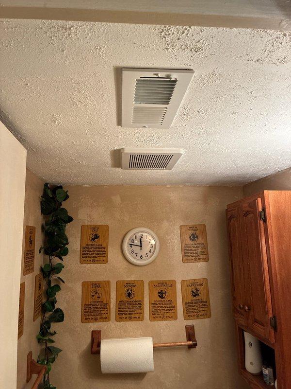 Installed new exhaust fan in interior room with complete ventilation ducting routed through exterior wall to rear of structure, including exterior vent cover with weather-resistant grid design. Replaced existing kitchen light fixture with customer-supplied fixture, ensuring proper electrical connections and mounting. All work completed to code specifications with proper venting and electrical safety standards maintained.