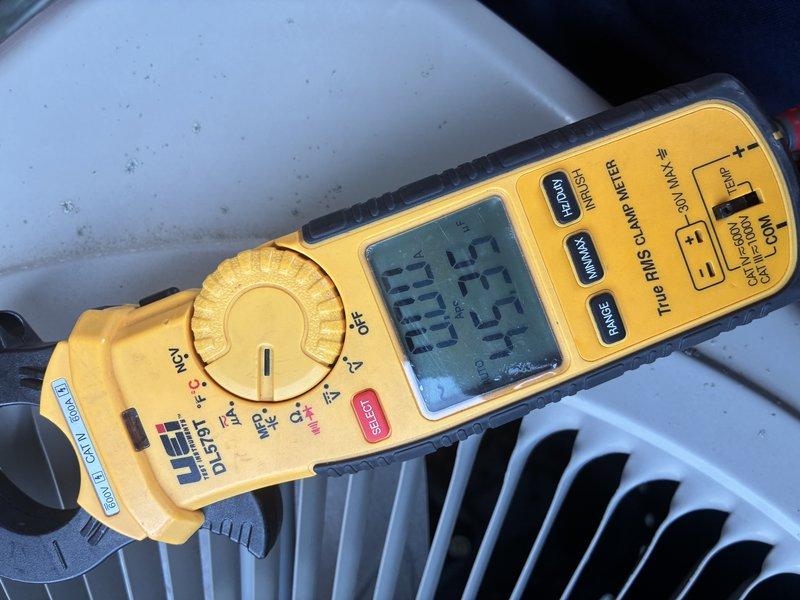 Completed MVP cooling maintenance visit on 12-year-old system. Performed electrical diagnostics using clamp meter, recording amperage readings of 251-254 amps on refrigerant lines. Inspected and documented heavily corroded contactor showing significant oxidation, carbon buildup, and deterioration on copper terminals and mounting hardware, indicating component is nearing end of service life and will require replacement in near future to prevent system failure.