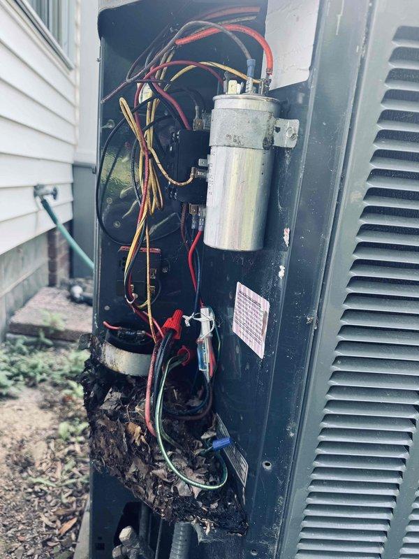 Responded to no cooling complaint on 13-year-old air conditioning system. Upon inspection, found outdoor condensing unit with significant debris accumulation in cabinet affecting airflow and component operation. Performed voltage diagnostics using multimeter, recording 515.7 volts during testing to assess electrical system functionality. Removed access panel and inspected internal components including capacitor and wiring connections. Cleaned debris consisting of leaves, dirt, and organic matter from unit interior to restore proper airflow and prevent future component damage. Verified all electrical connections were secure and capacitor was functioning within specifications. System restored to normal cooling operation.