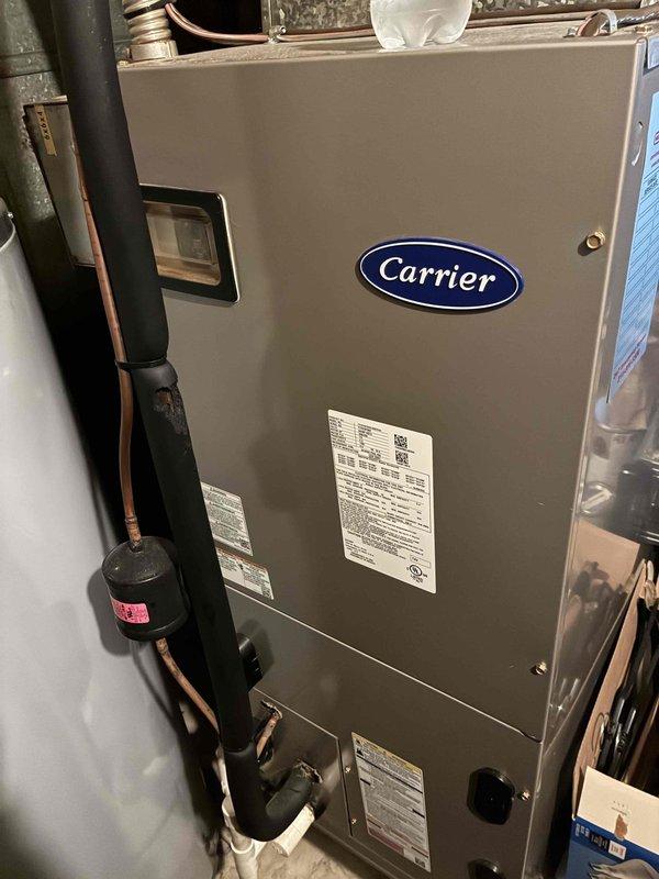 Completed MVP preventive maintenance service on Carrier air conditioning system. Performed comprehensive inspection of outdoor condensing unit and indoor air handler, verified proper operation of all components, checked refrigerant lines and insulation integrity, and documented system condition with photographic records. All equipment found operating within normal parameters with no immediate service needs identified.