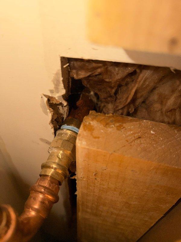 Responded to leaking outdoor spigot on two-year-old installation. Accessed supply line through interior wall, replaced faulty compression fitting on copper pipe, and restored proper seal to eliminate leak. Tested system for proper operation and confirmed no further water intrusion.