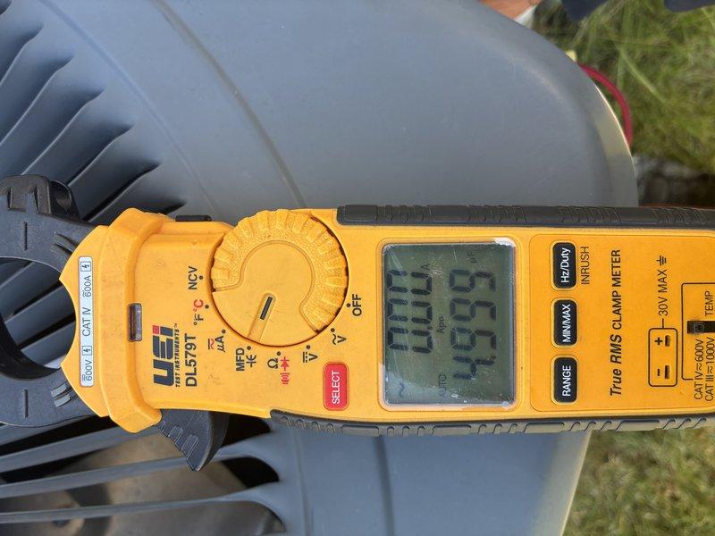 Completed MVP recurring cooling maintenance visit on residential HVAC system. Performed electrical diagnostics using digital clamp meter to verify proper amperage draw and system performance on outdoor condensing unit. All measurements within manufacturer specifications, confirming optimal operation of cooling equipment.