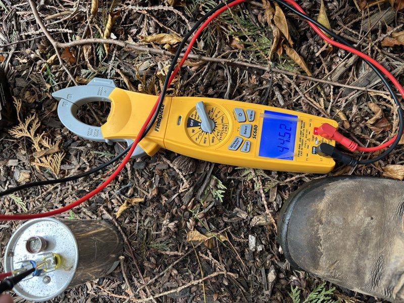 Responded to no cooling complaint on 7-year-old residential air conditioning system. Upon inspection, found failed dual run capacitor causing compressor to draw improper amperage. Replaced defective capacitor with new unit, verified proper electrical readings with clamp meter, and confirmed system operation. Unit now cooling properly and maintaining setpoint temperature.