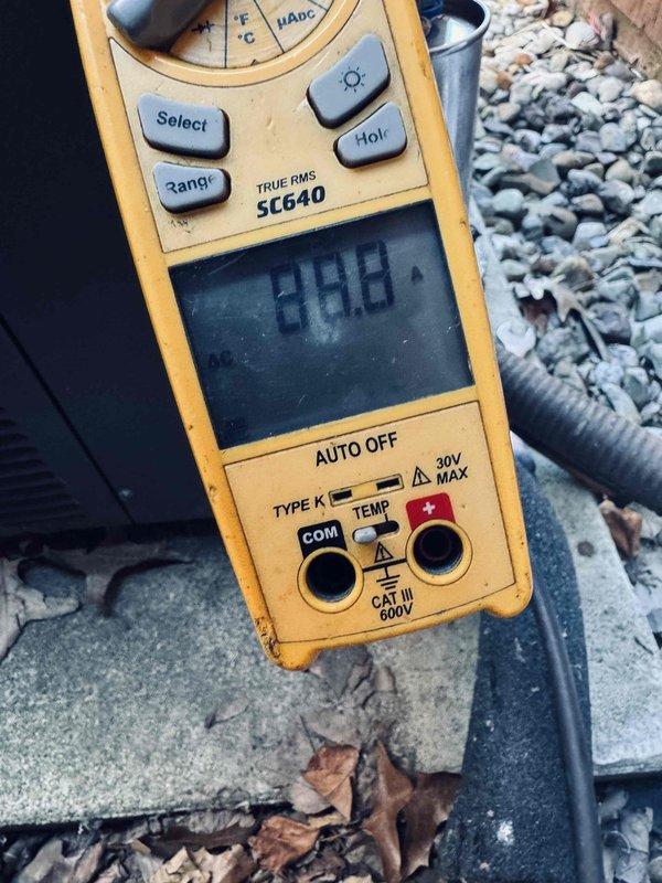 Responded to no cooling complaint on 13-year-old air conditioning system. Performed diagnostic testing using digital multimeter, measuring voltage readings of 88.83V and 348V at outdoor unit to identify electrical fault in the system. Diagnosed and addressed the issue preventing proper AC operation, restoring cooling functionality to the unit.