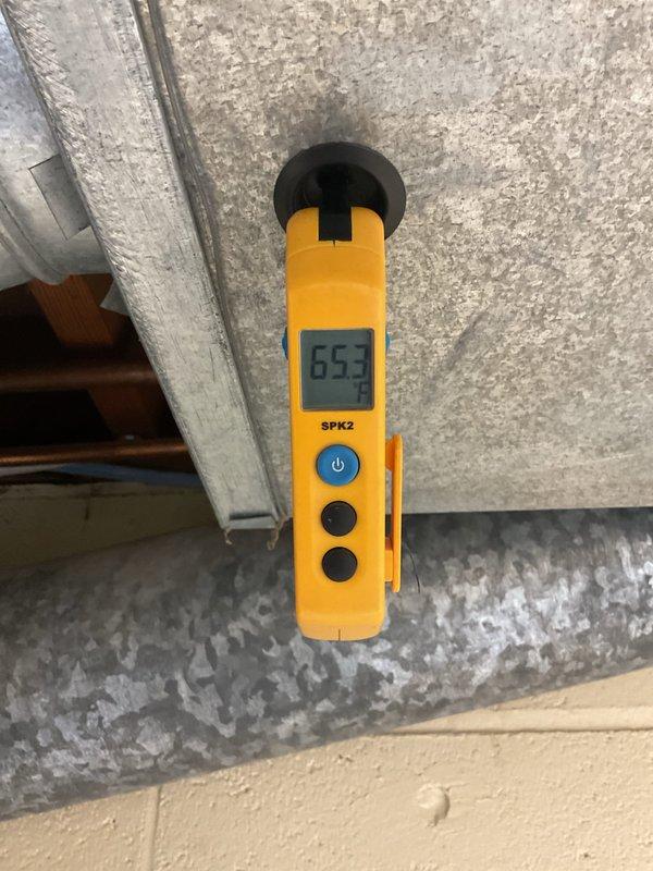 Completed scheduled air conditioning maintenance service. Performed comprehensive system inspection including airflow measurements at multiple points in the ductwork, recording readings of 480 CFM and 653 CFM to verify proper air distribution throughout the system. Inspected all accessible ductwork, insulation, and mechanical components in the equipment area to ensure system is operating within manufacturer specifications for the cooling season.