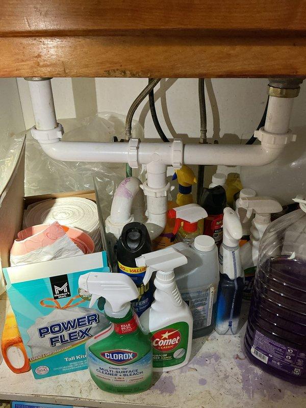 Responded to whole-home water leak originating in basement bathroom area with dirty water present. Upon inspection, identified compromised drain piping beneath bathroom sink and in crawlspace above affected area. Inspected under-sink plumbing configuration including PVC trap assembly and drainage connections for signs of failure or blockage. Accessed crawlspace to examine gray PVC waste line routing and connections near bathroom fixtures, noting soil accumulation and potential seal degradation at pipe penetrations. Documented plumbing infrastructure conditions including pipe joints, couplings, and structural penetration points. Communicated findings and coordinated service completion with homeowner.
