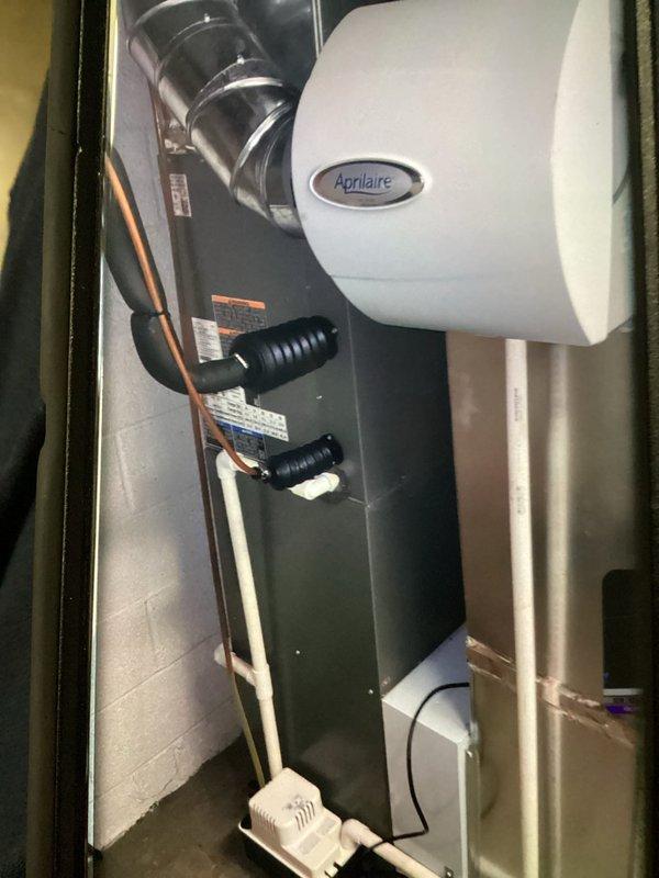 Completed routine cooling maintenance on HVAC system. Inspected and documented all major components including furnace/air handler unit, Aprilaire humidifier, air filtration system with pleated filter in proper condition, ductwork connections with flex connectors, copper refrigerant lines, and PVC condensate drain line. All equipment found operating within normal parameters with no immediate service needs identified.