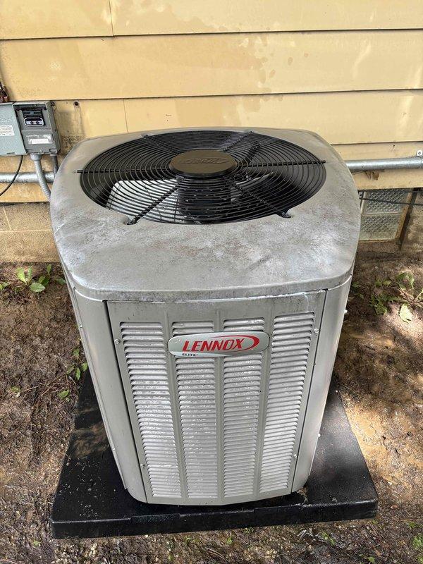 Completed cooling maintenance on Lennox outdoor condensing unit. Performed standard seasonal tune-up including system inspection, cleaning of condenser coils, verification of refrigerant levels, and testing of electrical components and fan operation. Unit operating within normal parameters upon completion of service.