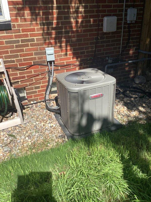 Responded to service call for air conditioning system producing high-pitched noise and experiencing difficulty starting and maintaining operation. Inspected Lennox condenser unit located at exterior of building and evaluated indoor air handler components in mechanical space. Diagnosed issue, performed necessary repairs to resolve starting problems and eliminate abnormal operating sounds, restoring system to proper functionality.