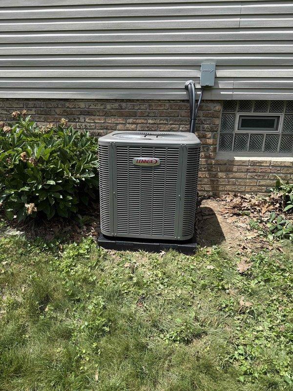 Completed full HVAC system installation including 80% efficiency furnace and air conditioning unit. Installed Lennox outdoor condensing unit on composite pad with proper clearances, ran electrical conduit with disconnect box and 25-amp fuses, and connected all refrigerant lines and electrical components per manufacturer specifications.