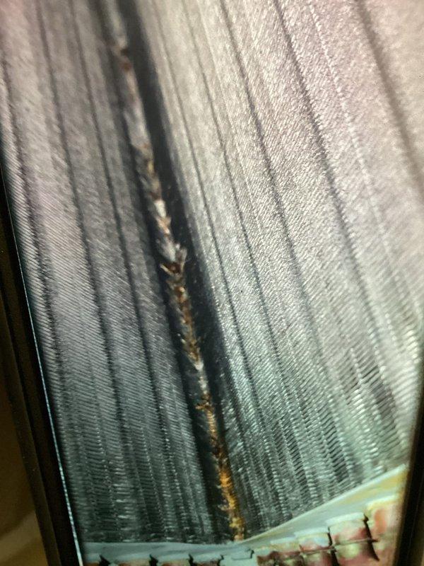 Completed MVP cooling maintenance visit on residential HVAC system. Inspected and documented air filter condition, noting dust accumulation on pleated media, and examined evaporator coil which displayed vertical staining pattern indicating moisture tracking and potential dirt buildup on fins. System operational at time of service.