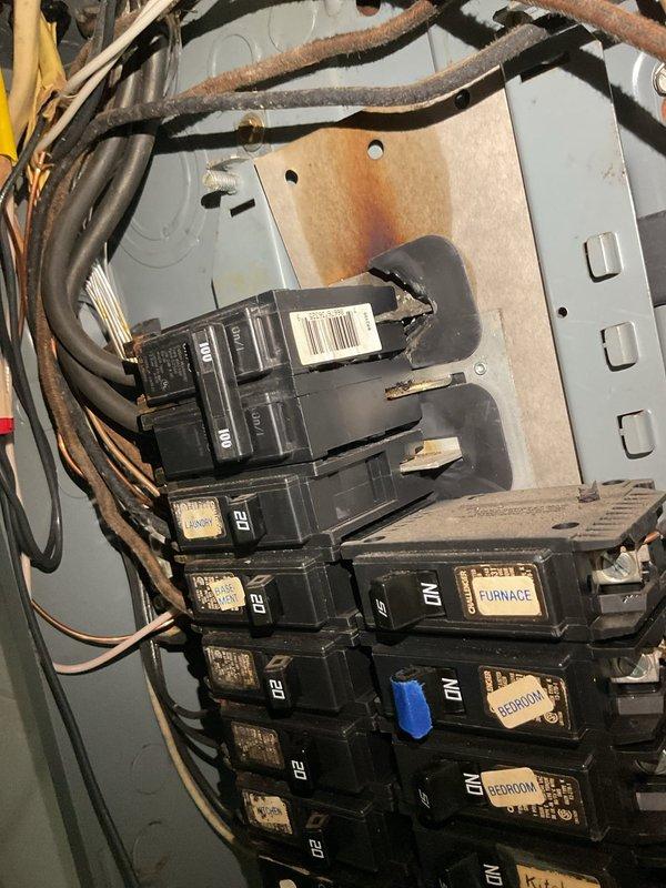 Completed installation of two GFCI outlets in kitchen near sink area and upgraded outlets to three-prong configuration in converted attic room. Performed comprehensive electrical inspection of residential panel, identifying rust corrosion on breaker box components and aging wire insulation requiring future attention. All new outlets tested and verified operational per NEC standards.